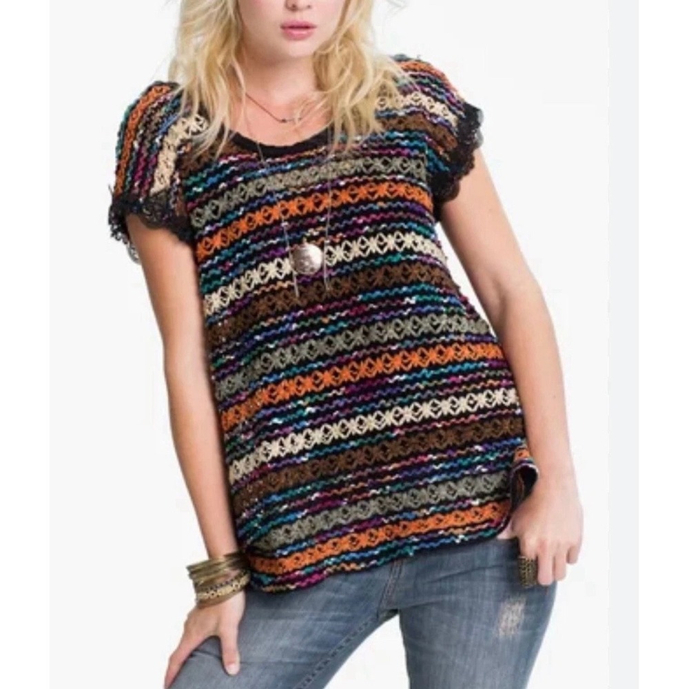 Free People‎ New Romantics Top Small Chenille Crochet Striped Lace Trim Boho